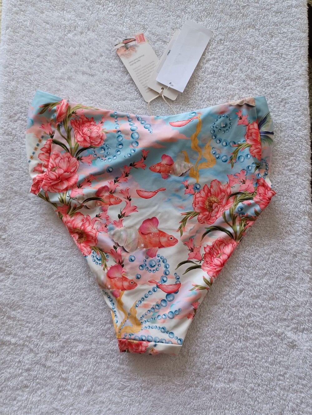Agua Bendita Lily Nacar High-Waist Floral & Fish Print Bikini Bottoms, Size S/M